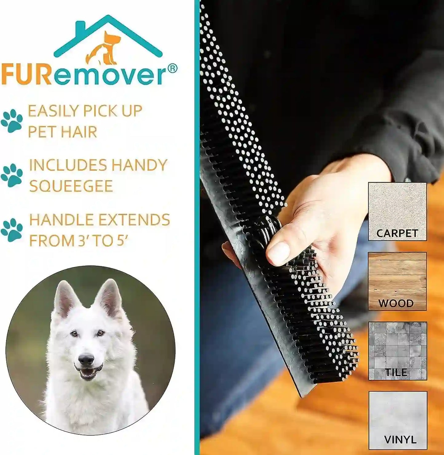 Rubber Pet Hair Broom – Electrostatic Rubber Bristles For Deep Carpet & Floor De-Shedding